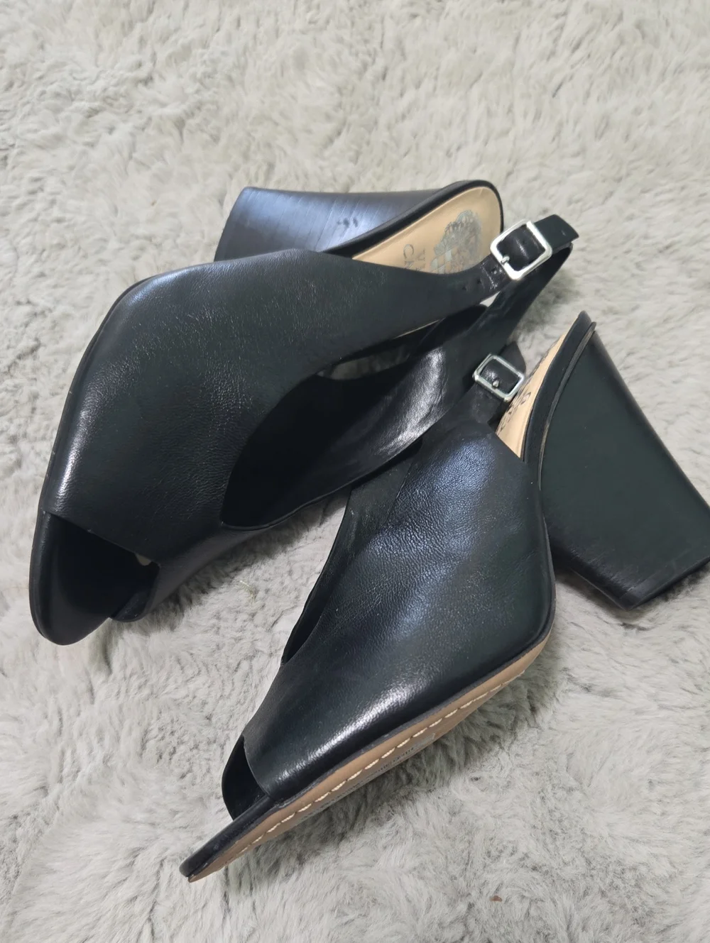 Vince Camuto black genuine leather peep-toe slingback block heels size 9.5